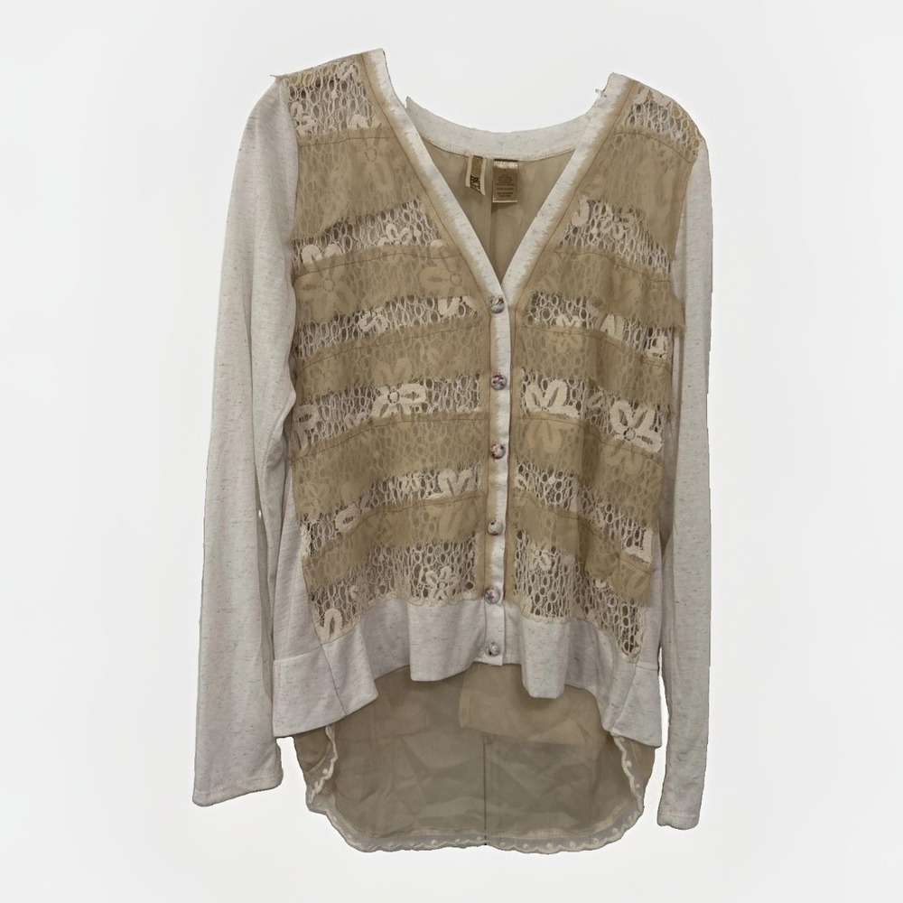 BKE Women's Lace Chiffon LS Blouse Top L Cream Beige Victorian Boho Hippie Chic